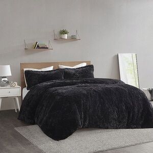 Intelligent Design Malea Black Shaggy Faux Fur Duvet Cover Full Queen Set